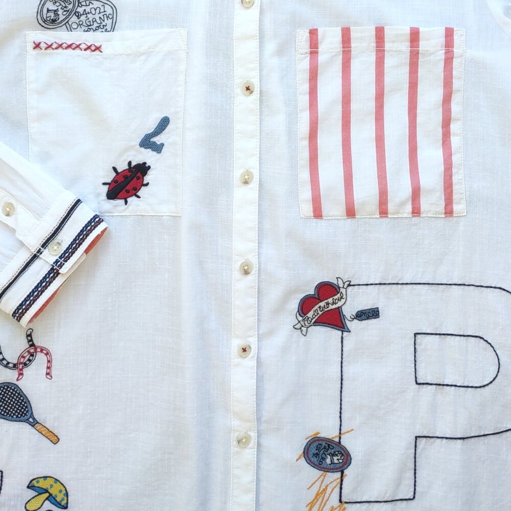 Anthropologie Pilcro Embroidered White Classic Shirt Retro Art Whimsy Size XL - Picture 12 of 16